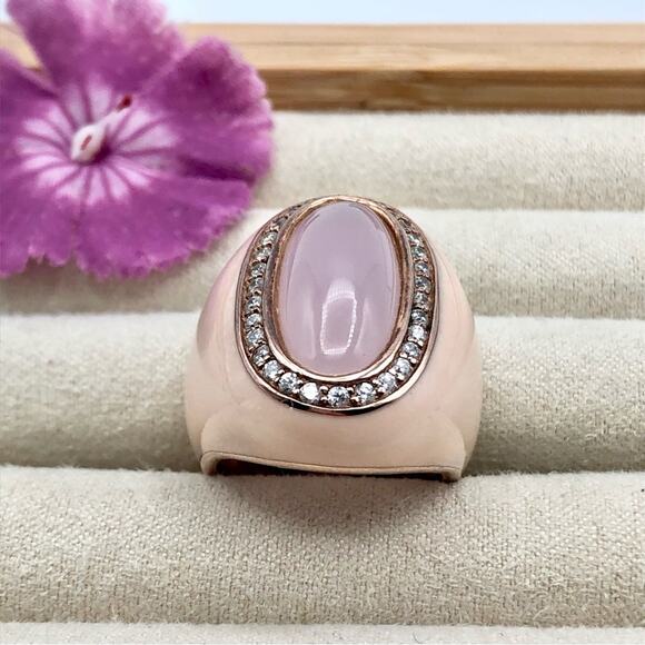 DBJ Dee Berkley Cocktail Right Hand Ring Chunky Pink Enamel Pave Halo Statement - Picture 5 of 16